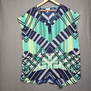 Ava Viv Womens 3X Blouse Geometric Print Blue Green Plus Size Tunic Top